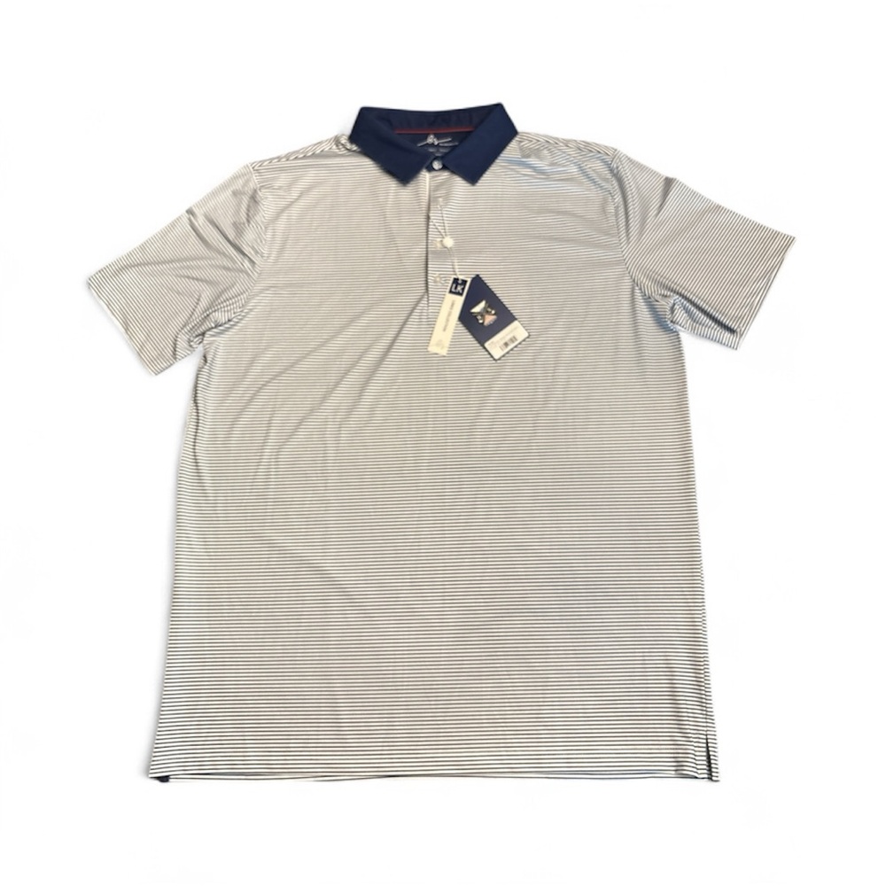 Boston Scott Golf Men’s Stretch Golf Polo Shirt navy stripe UPF50 Size XXL NWT